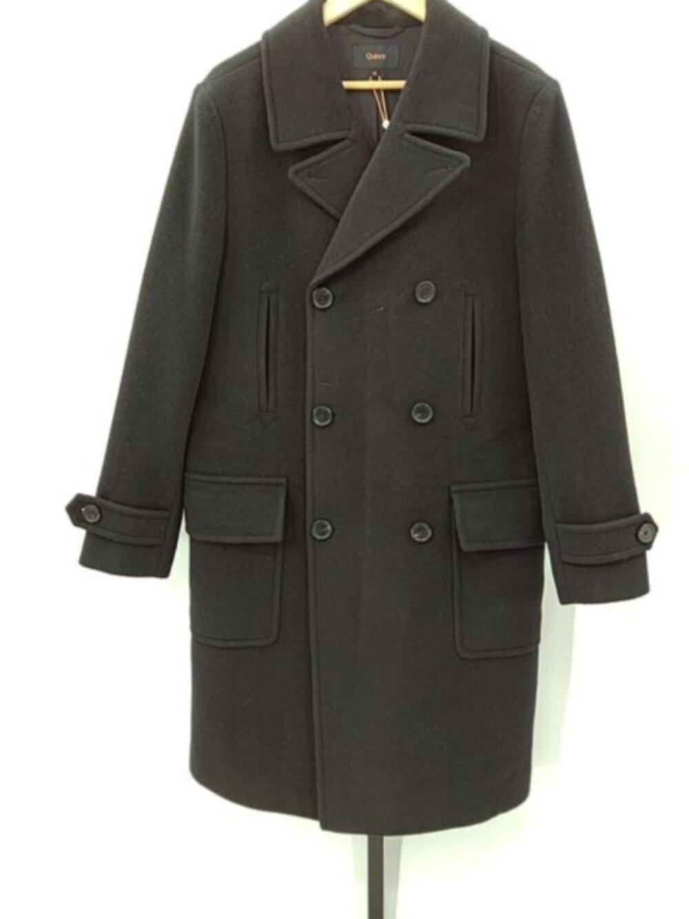 Quince Wool Cashmere Double-Breasted Officer Topcoat Black L NWT